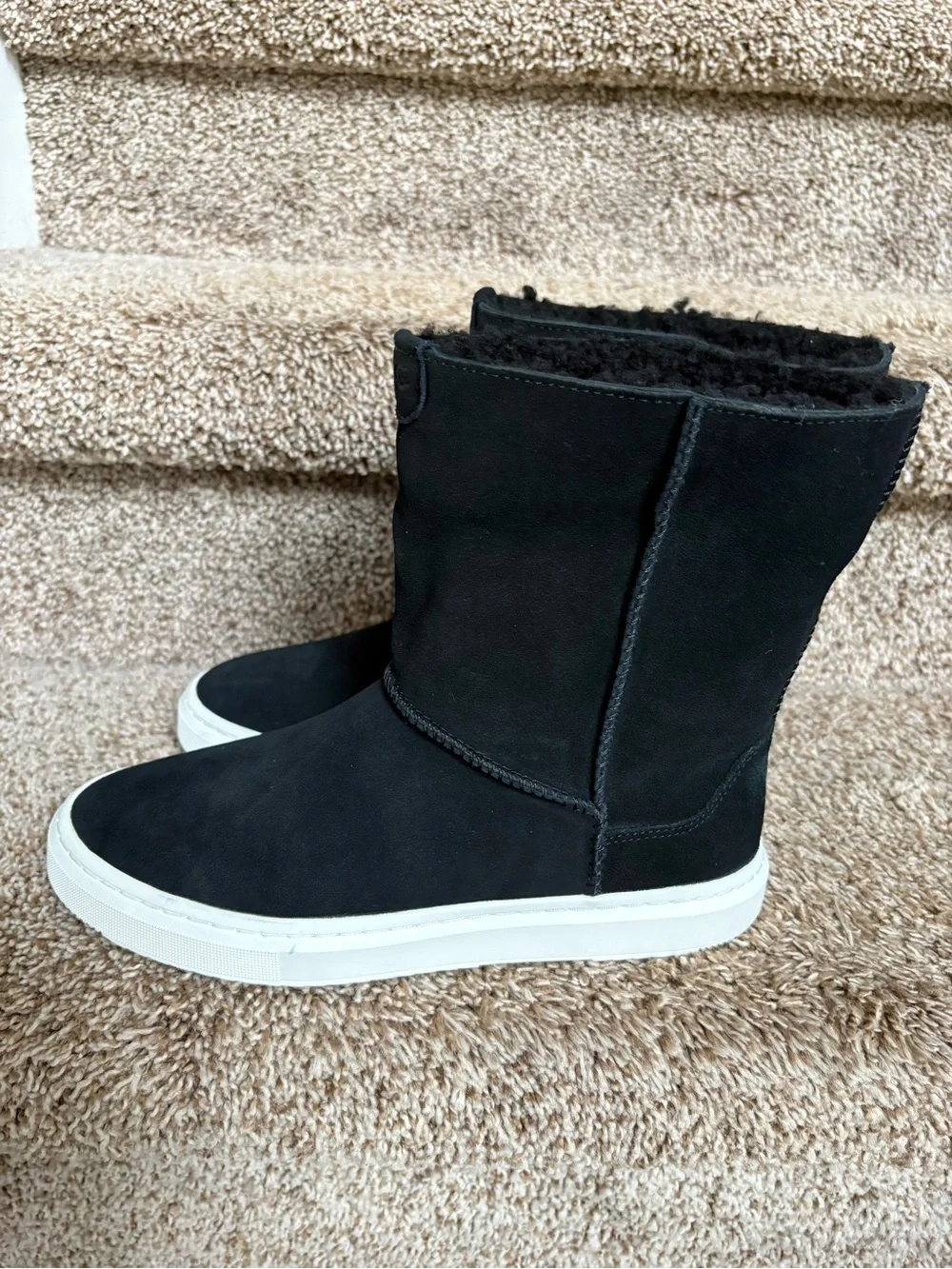 UGG Alameda Women’s Mid-Calf Black Suede Shearling Trim Boots.